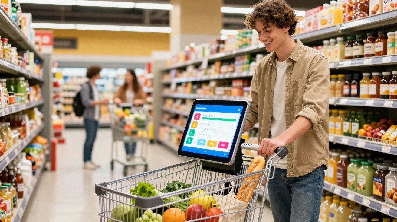 Jovem sorridente a fazer compras num supermercado com carrinho equipado com ecrã digital.