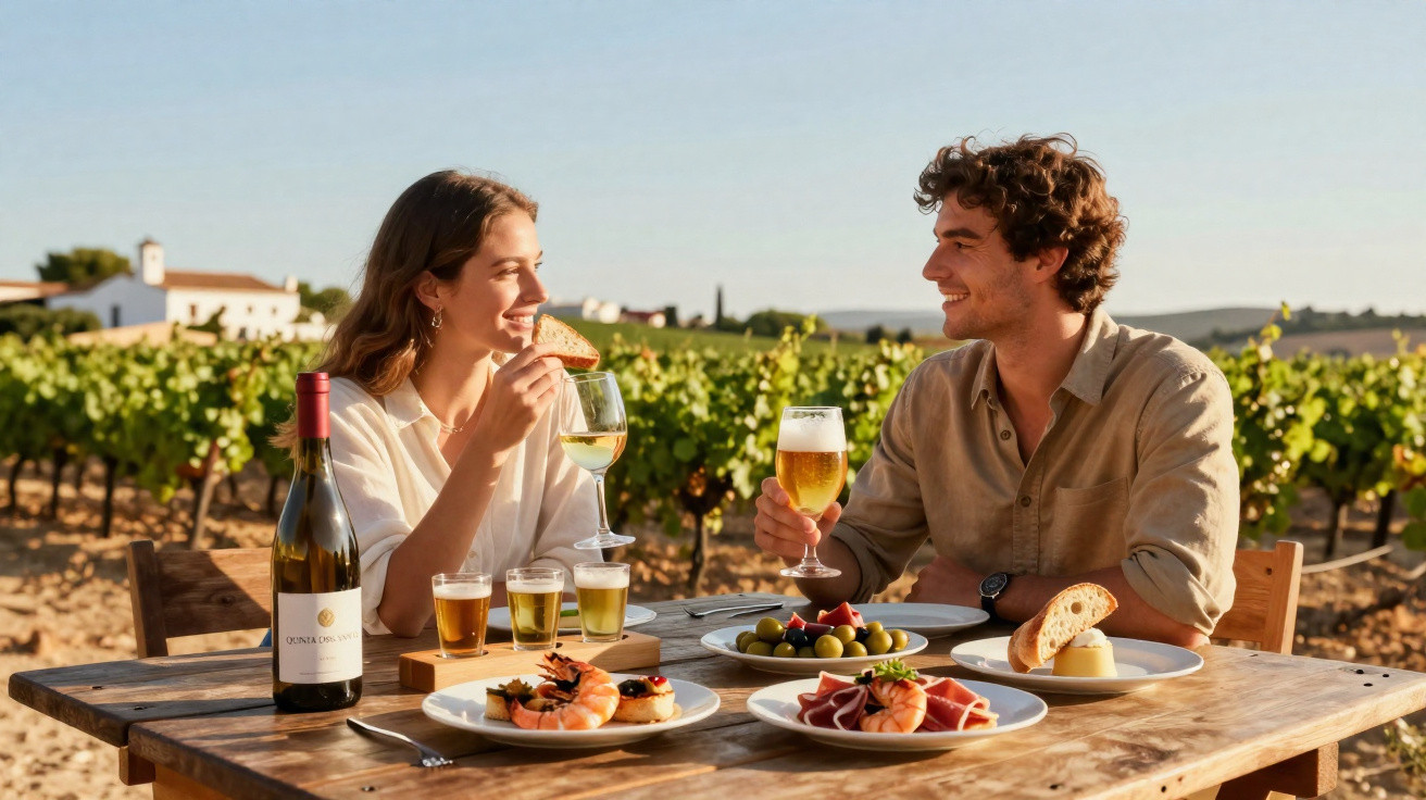 Casal sentado a desfrutar comida e bebidas à mesa numa vinha ao ar livre ao pôr do sol.
