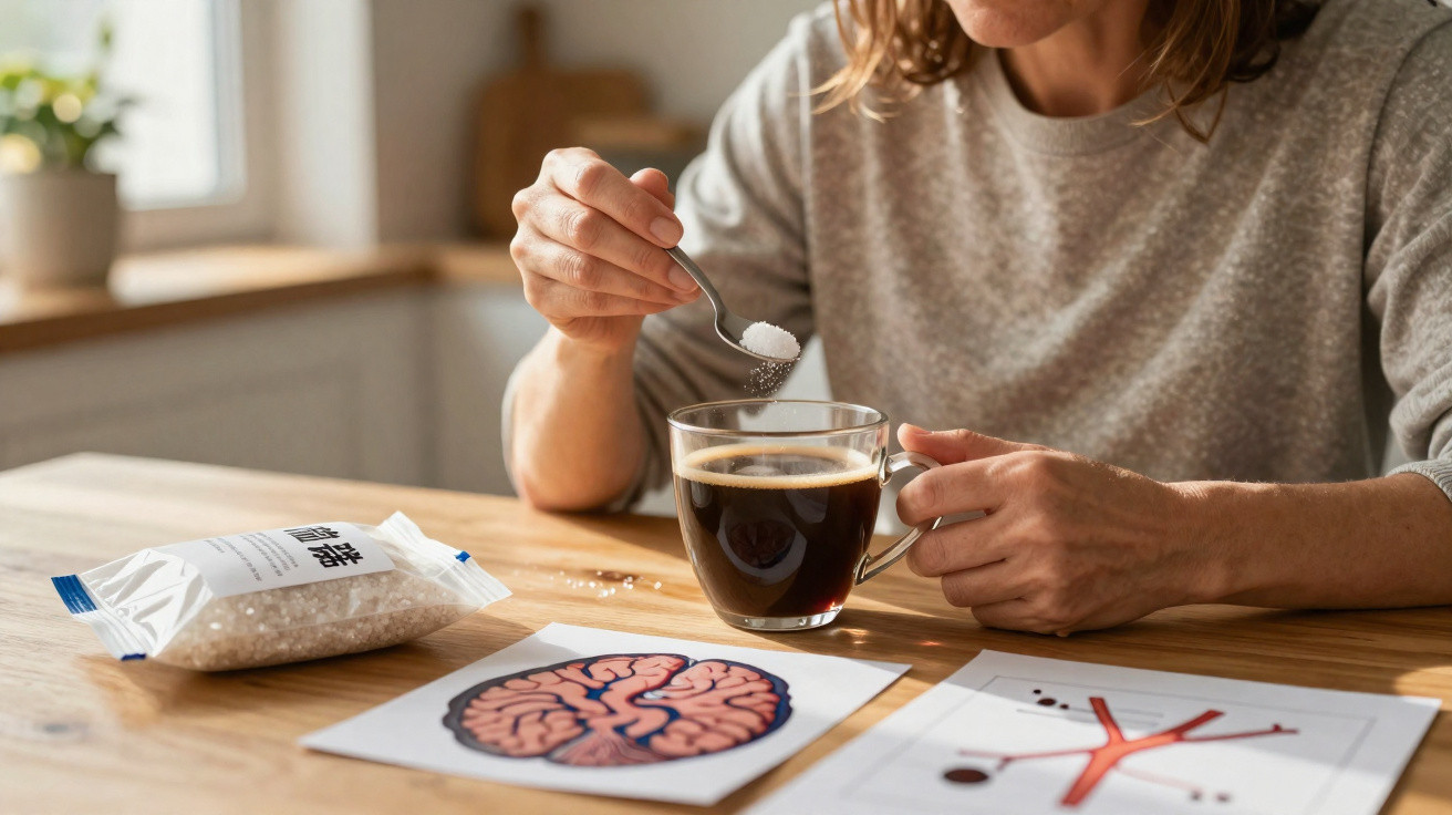 Pessoa a adicionar açúcar a uma chávena de café junto a imagens de cérebro e vasos sanguíneos sobre uma mesa.