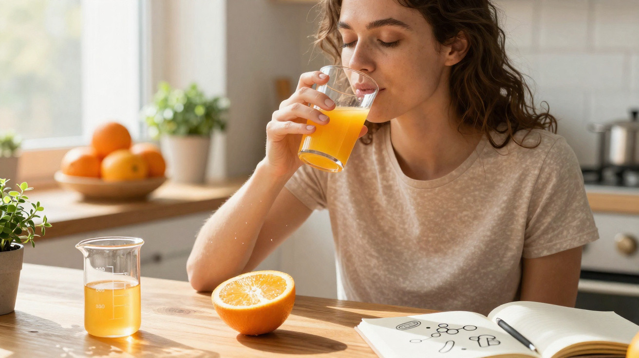 Mulher a beber sumo de laranja natural numa cozinha, com livro aberto e laranja cortada na mesa.
