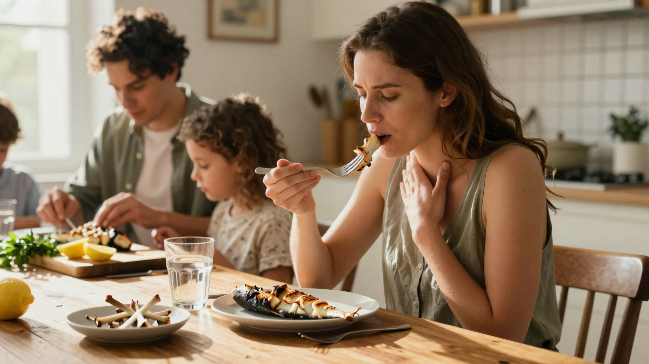 Mulher a provar comida numa mesa de refeição enquanto família come ao fundo numa cozinha luminosa.