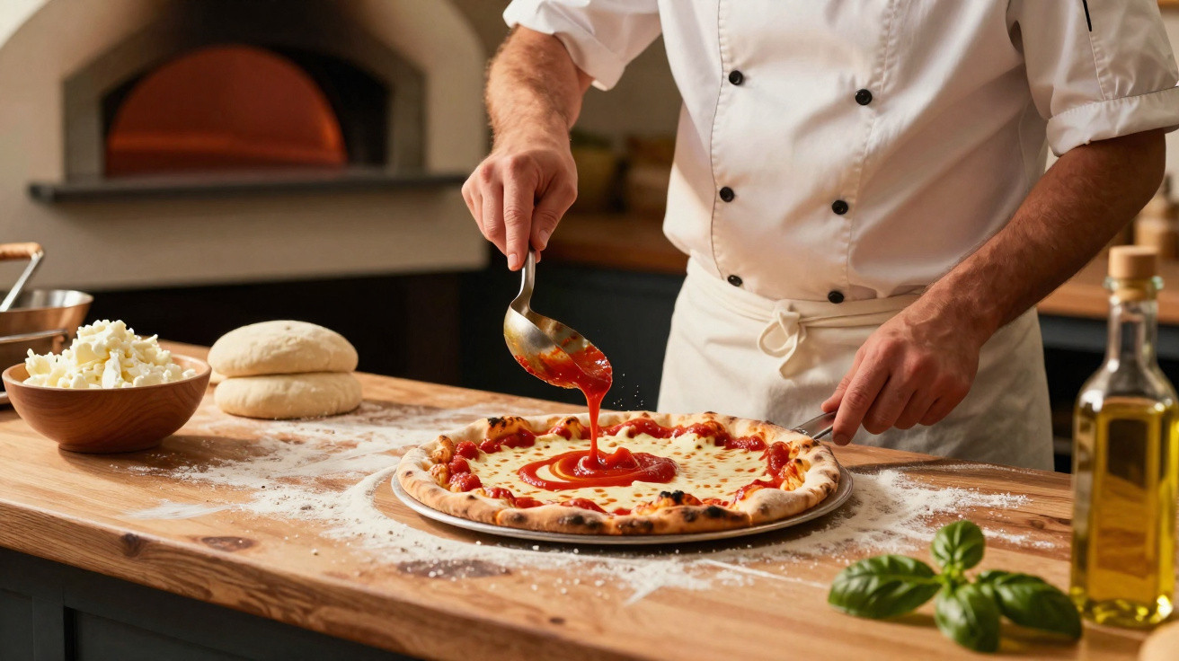 Chef a preparar pizza com molho de tomate numa cozinha profissional, com forno de lenha ao fundo.