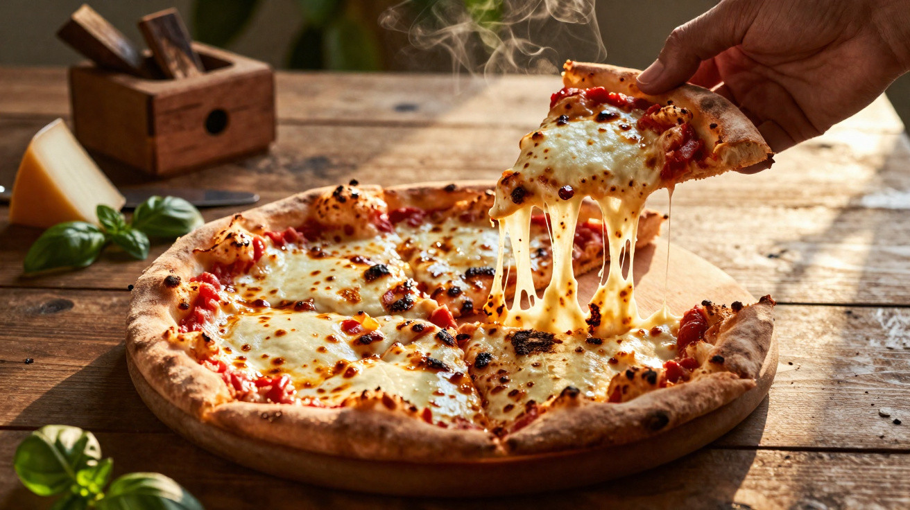 Pizza de queijo quente a ser retirada de um tabuleiro de madeira com vapor a subir.