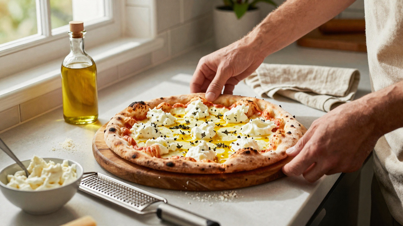 Pizza artesanal com queijo e ervas a ser colocada numa tábua de madeira numa cozinha iluminada.