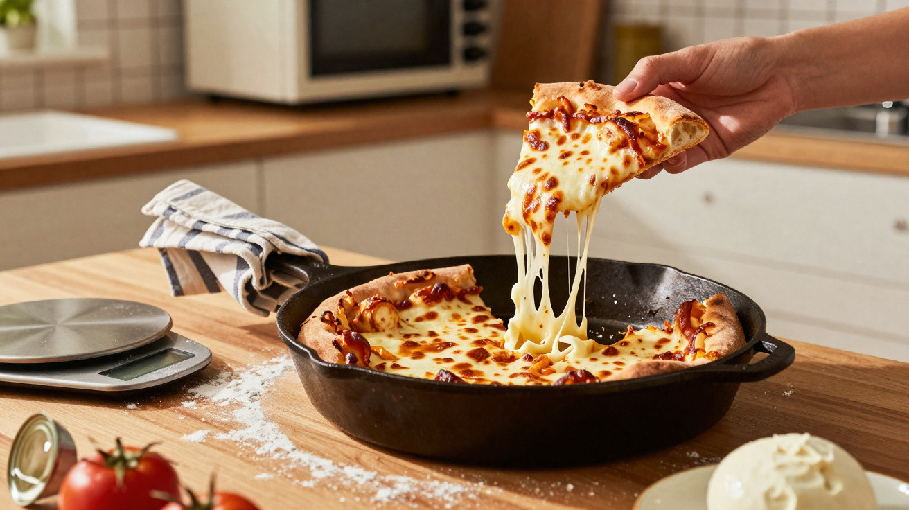 Fatia de pizza com queijo derretido a ser levantada de uma frigideira em cozinha moderna.