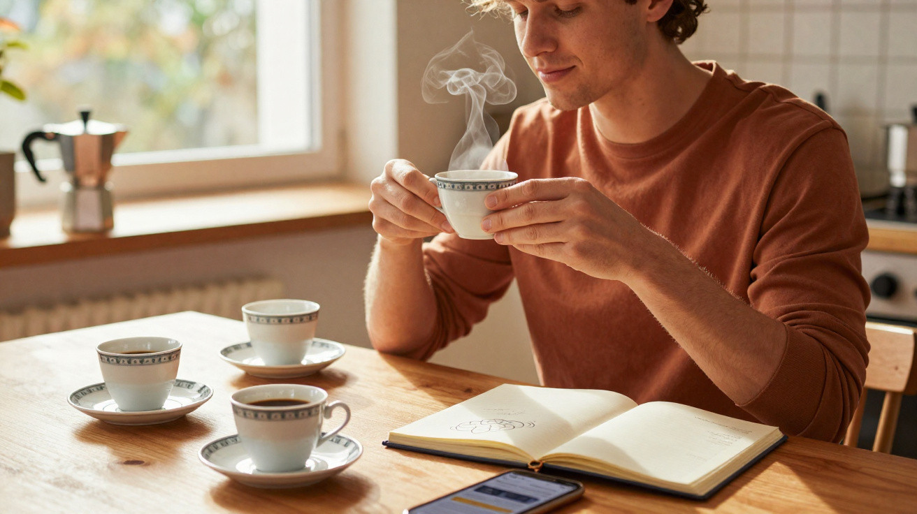 Homem a saborear café quente com livro aberto e quatro chávenas numa mesa de madeira junto à janela.