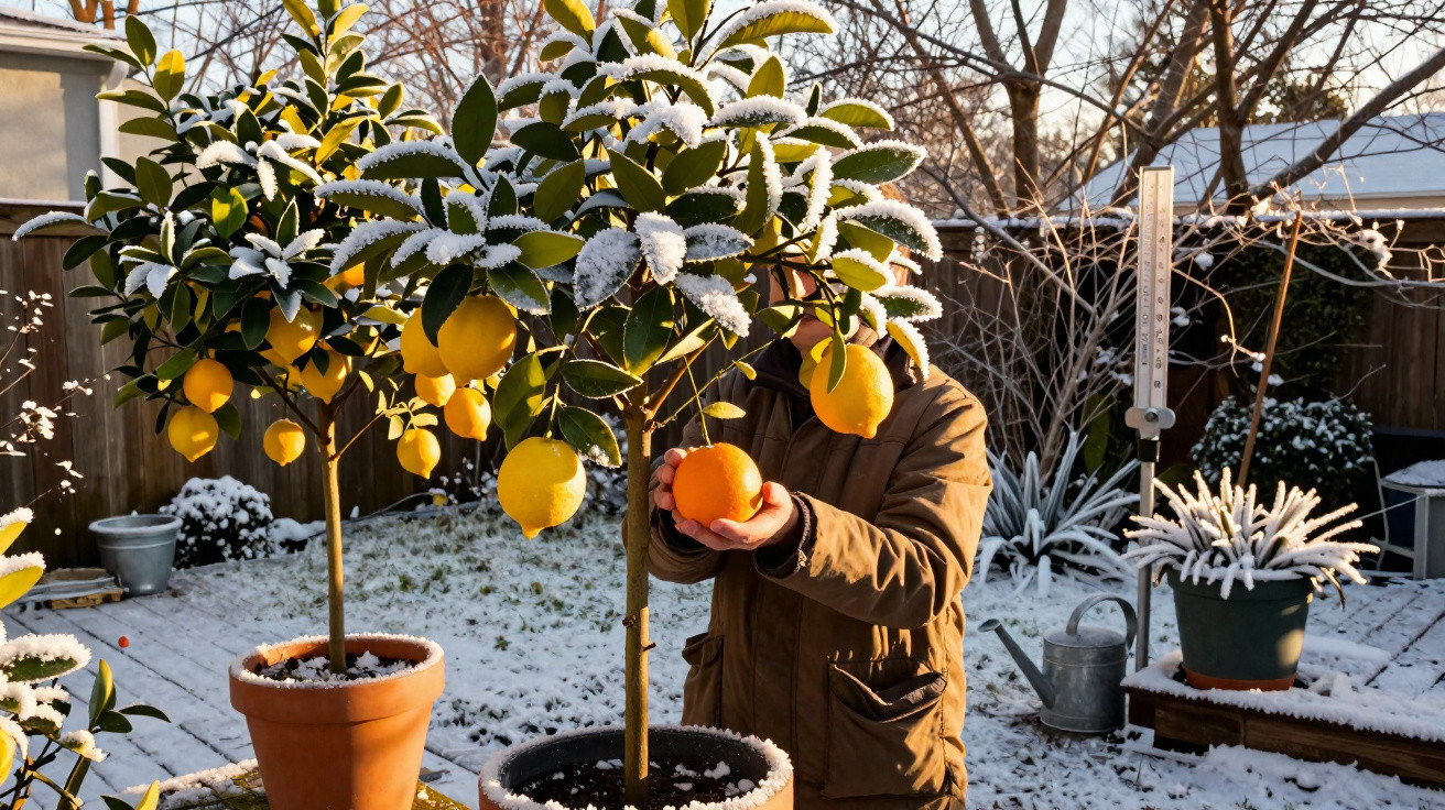 Pessoa a apanhar laranja numa árvore em vaso coberta de neve num jardim no inverno.