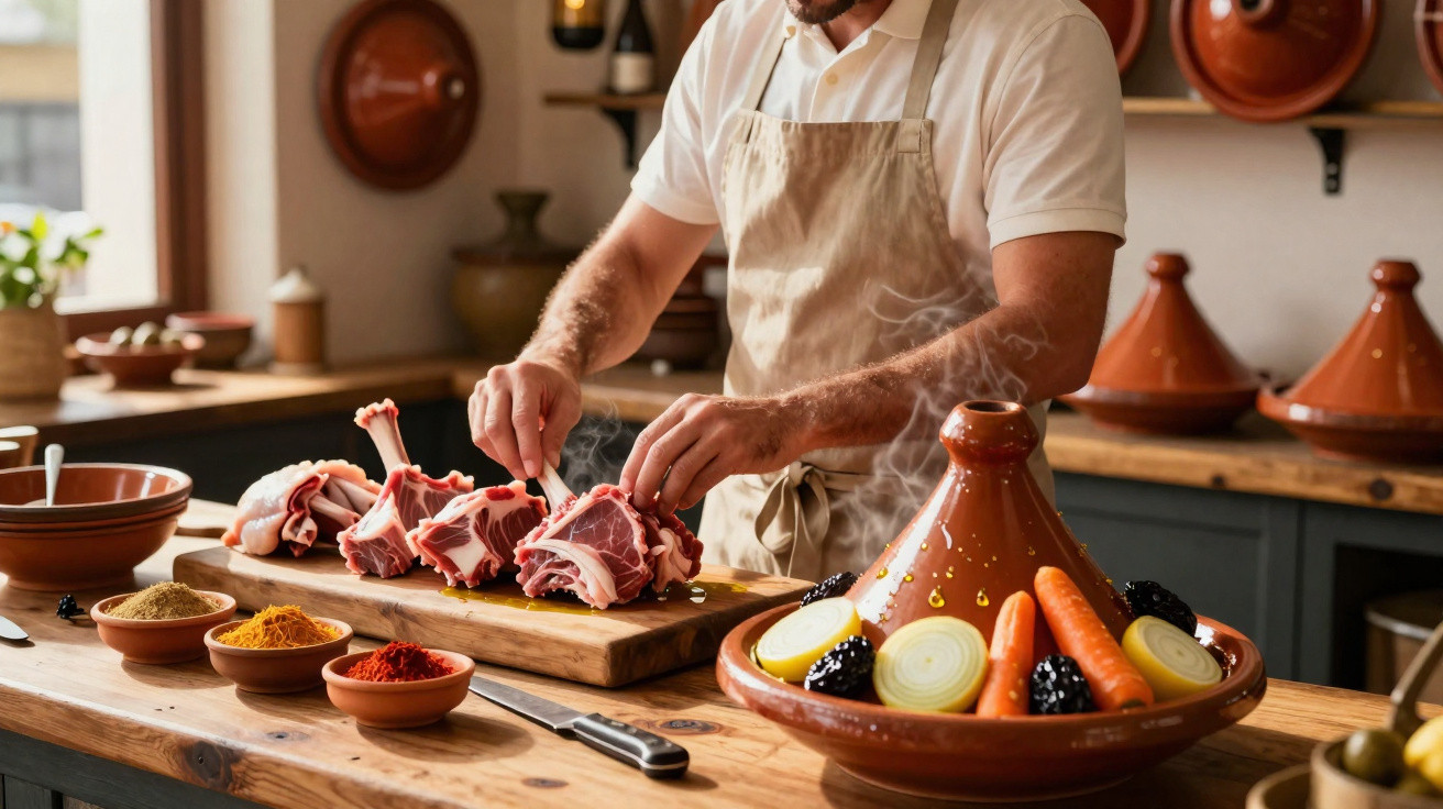 Homem a preparar costeletas de carne num prato tradicional argelino na cozinha rústica.
