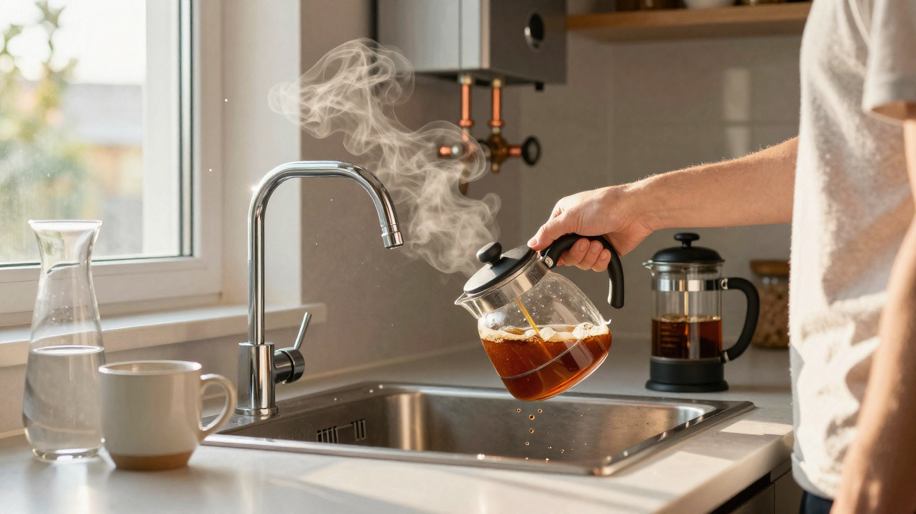Pessoa a deitar café quente num lava-loiças de cozinha moderna com jarro, caneca e prensa francesa.