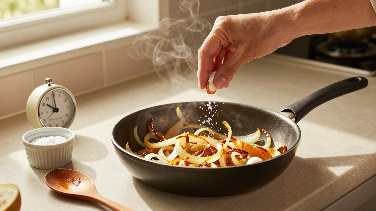 Mão a temperar cebolas a cozinhar numa frigideira com sal e temporizador na bancada da cozinha.