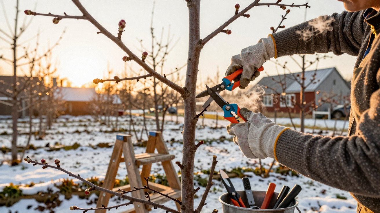 Pessoa a podar uma árvore num pomar coberto de neve ao pôr do sol, usando luvas e tesoura de poda.