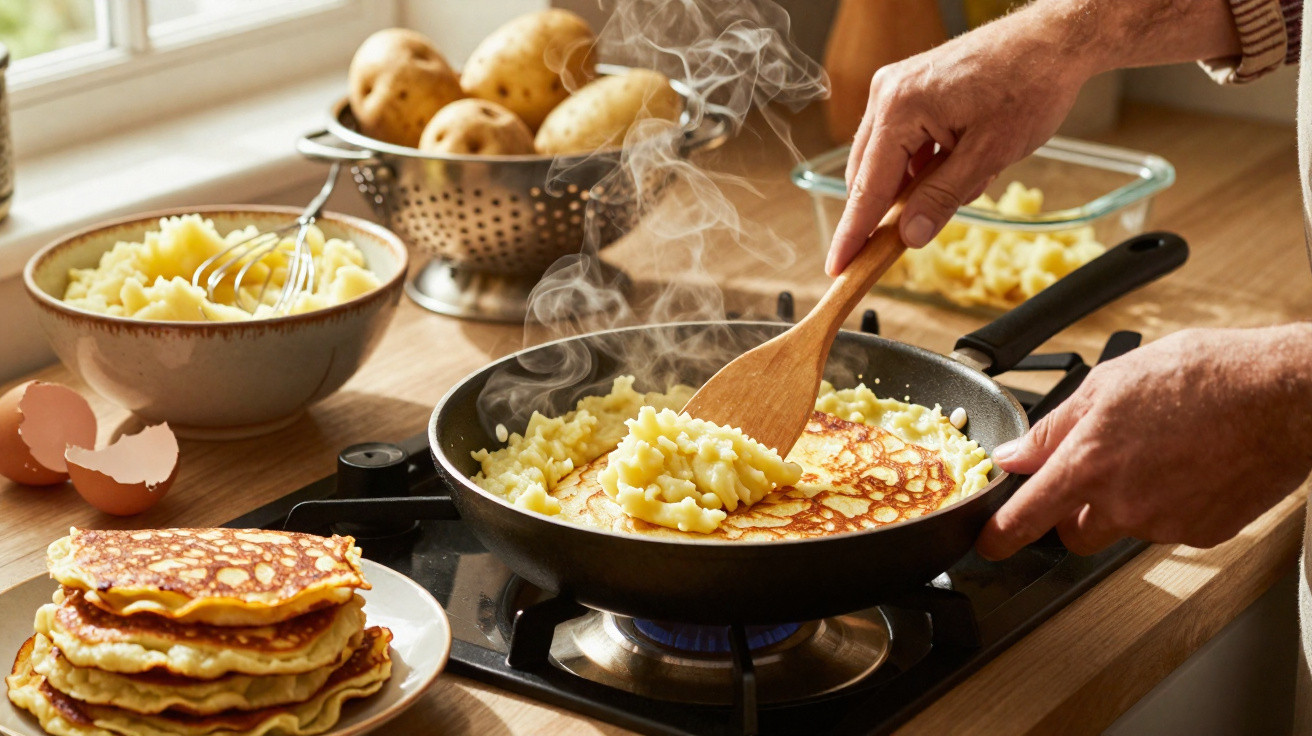 Mãos a preparar panquecas salgadas com puré de batata num fogão a gás numa cozinha iluminada.