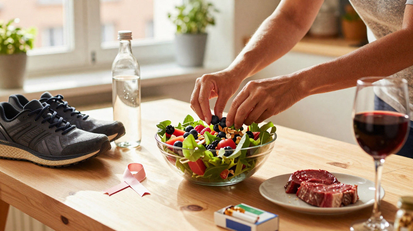 Pessoa a preparar salada numa mesa com garrafa de água, sapatilhas, fita cor de rosa, bife e copo de vinho tinto.