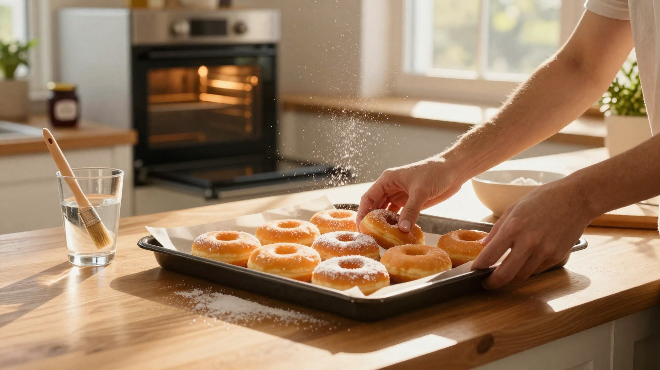 Mãos polvilhando açúcar em donuts numa tabuleiro numa cozinha luminosa com forno ao fundo.
