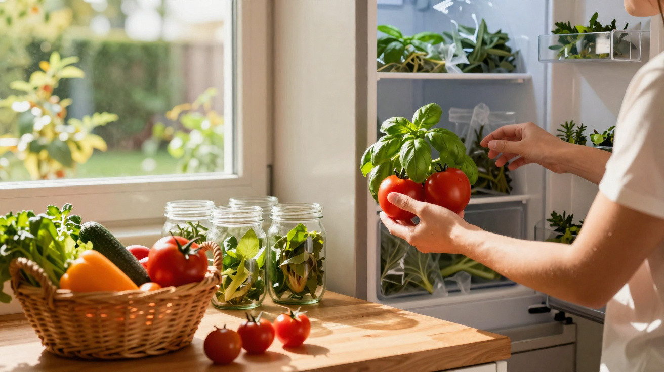 Pessoa a guardar tomates e manjericão na porta do frigorífico, com legumes numa bancada iluminada.