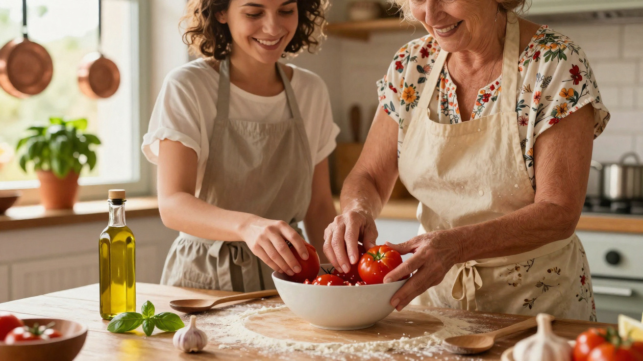 Duas mulheres, jovem e idosa, preparam tomates numa cozinha luminosa e acolhedora, sorrindo enquanto cozinham juntas.
