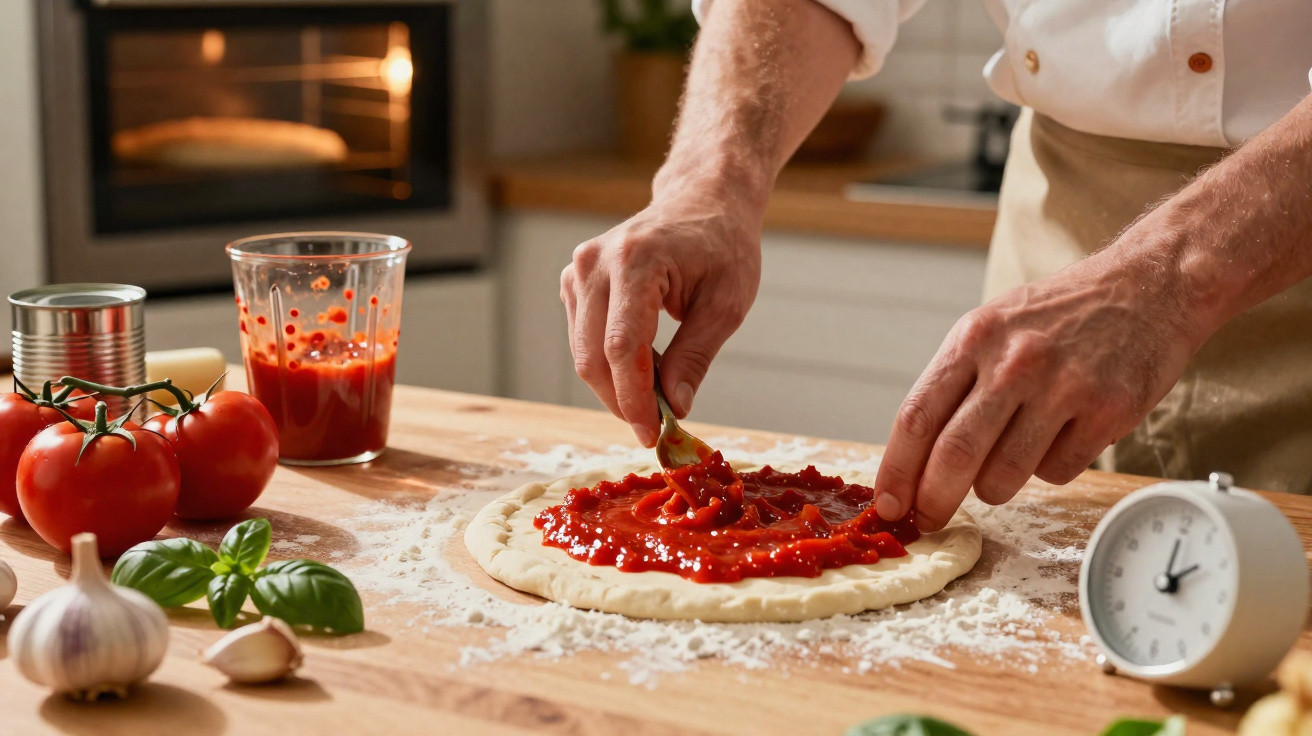 Mãos masculinas a espalhar molho de tomate numa base de pizza numa cozinha caseira com ingredientes frescos.