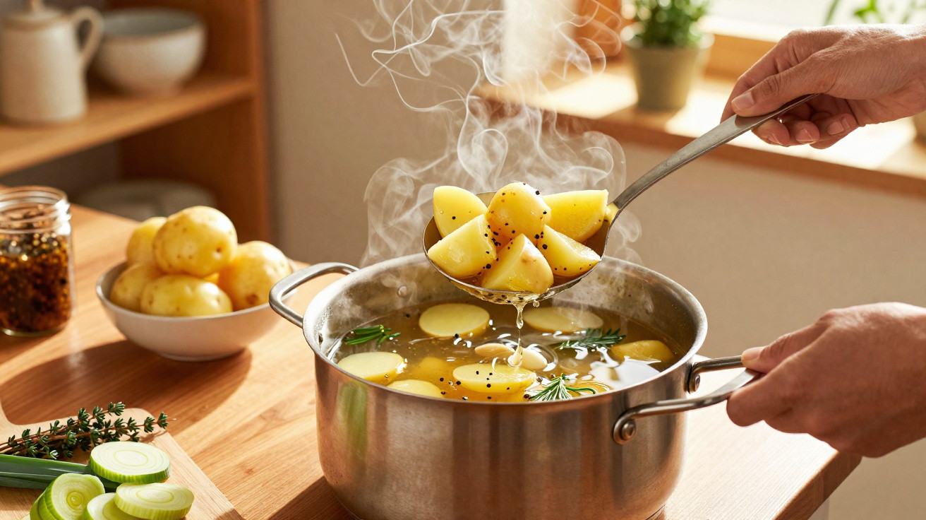 Pessoa a cozinhar batatas numa panela de sopa com ervas e especiarias numa cozinha iluminada.