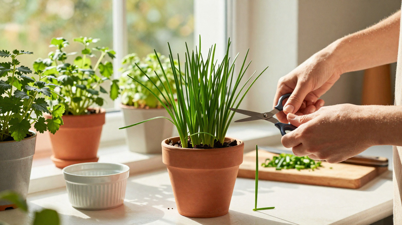 Pessoa a cortar ervas aromáticas num vaso perto de uma janela iluminada a luz natural.