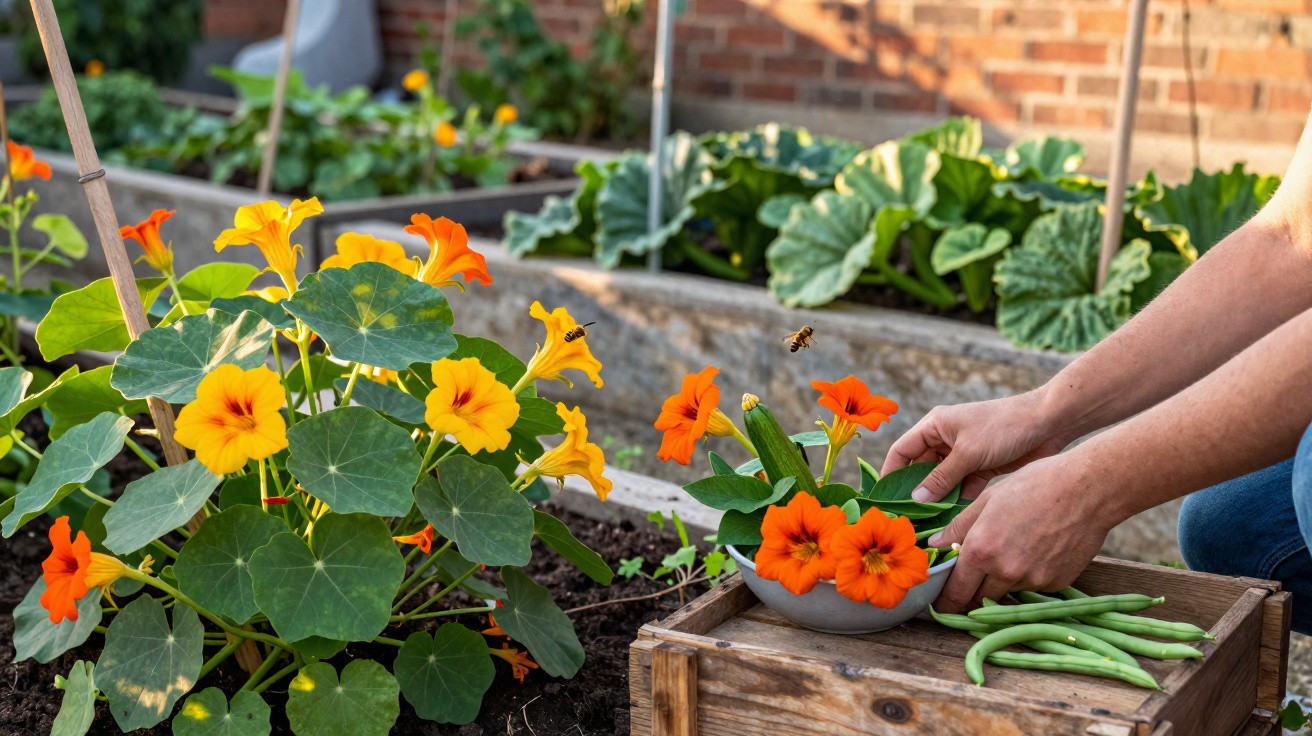 Mãos a colher feijão-verde e flores laranja e amarelas num jardim com canteiros de plantas.