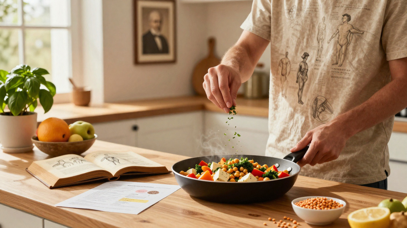Pessoa a temperar legumes coloridos numa frigideira numa cozinha com livro de receitas aberto.