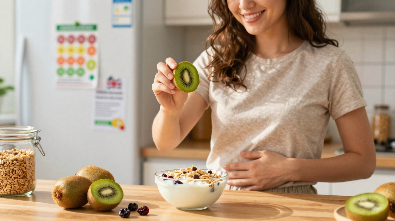 Mulher sorridente segura fatia de kiwi perto de taça com iogurte e frutos secos numa cozinha iluminada.