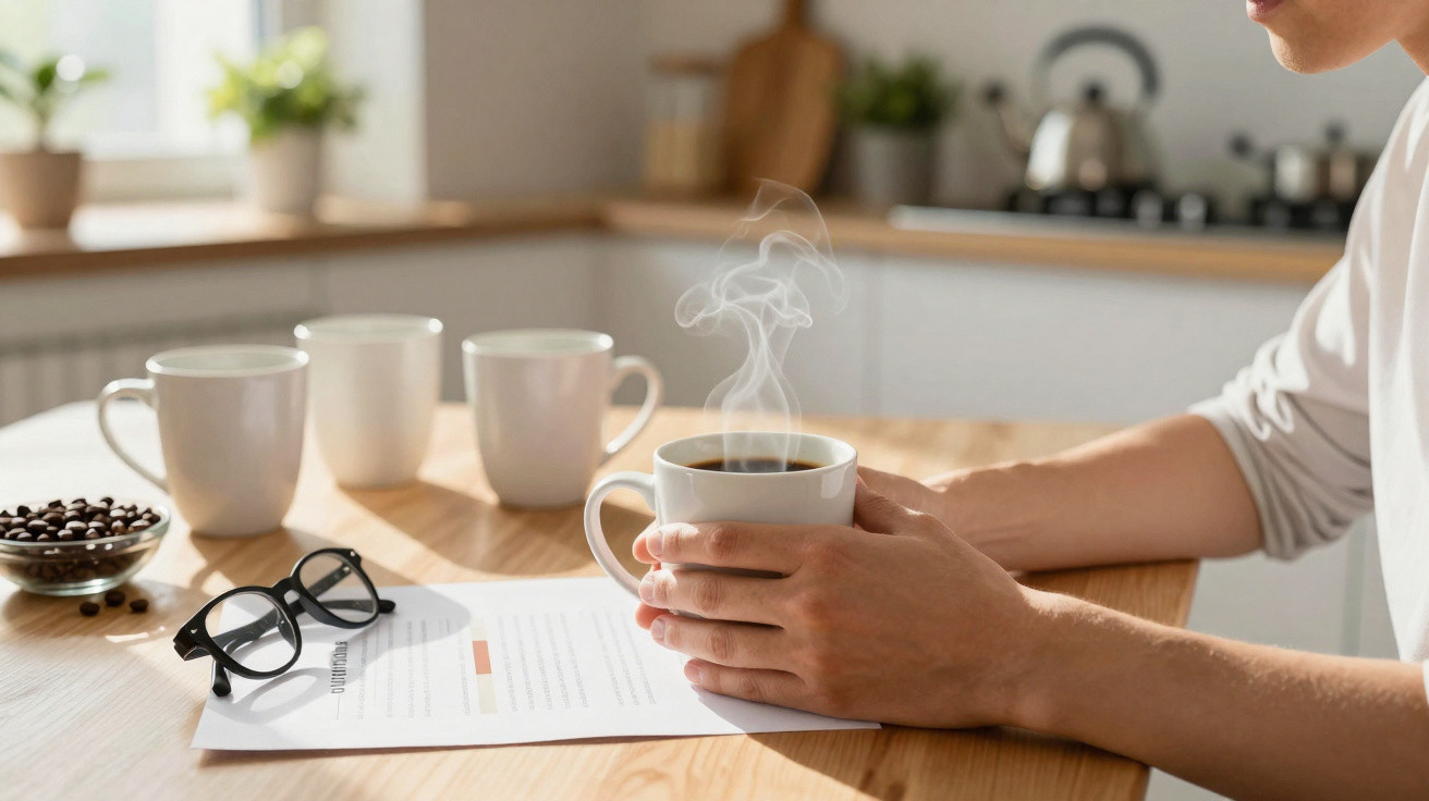 Pessoa a segurar uma chávena de café quente numa mesa com copos, livros e óculos, numa cozinha iluminada.