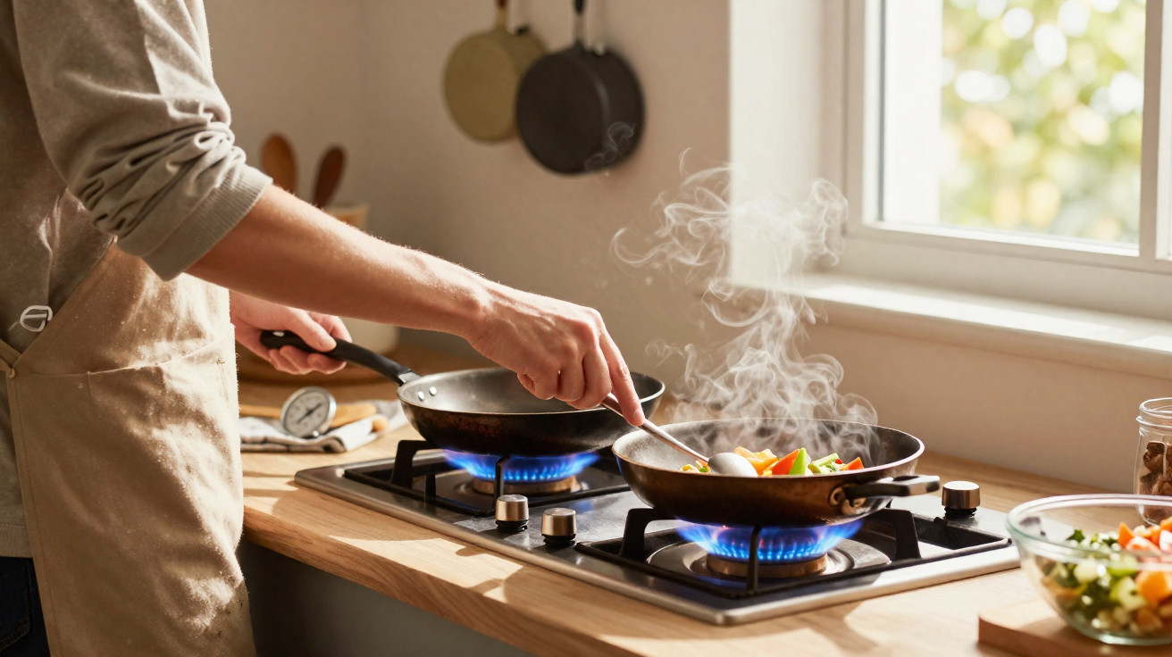 Pessoa a cozinhar legumes numa frigideira ao lume numa cozinha com muita luz natural.