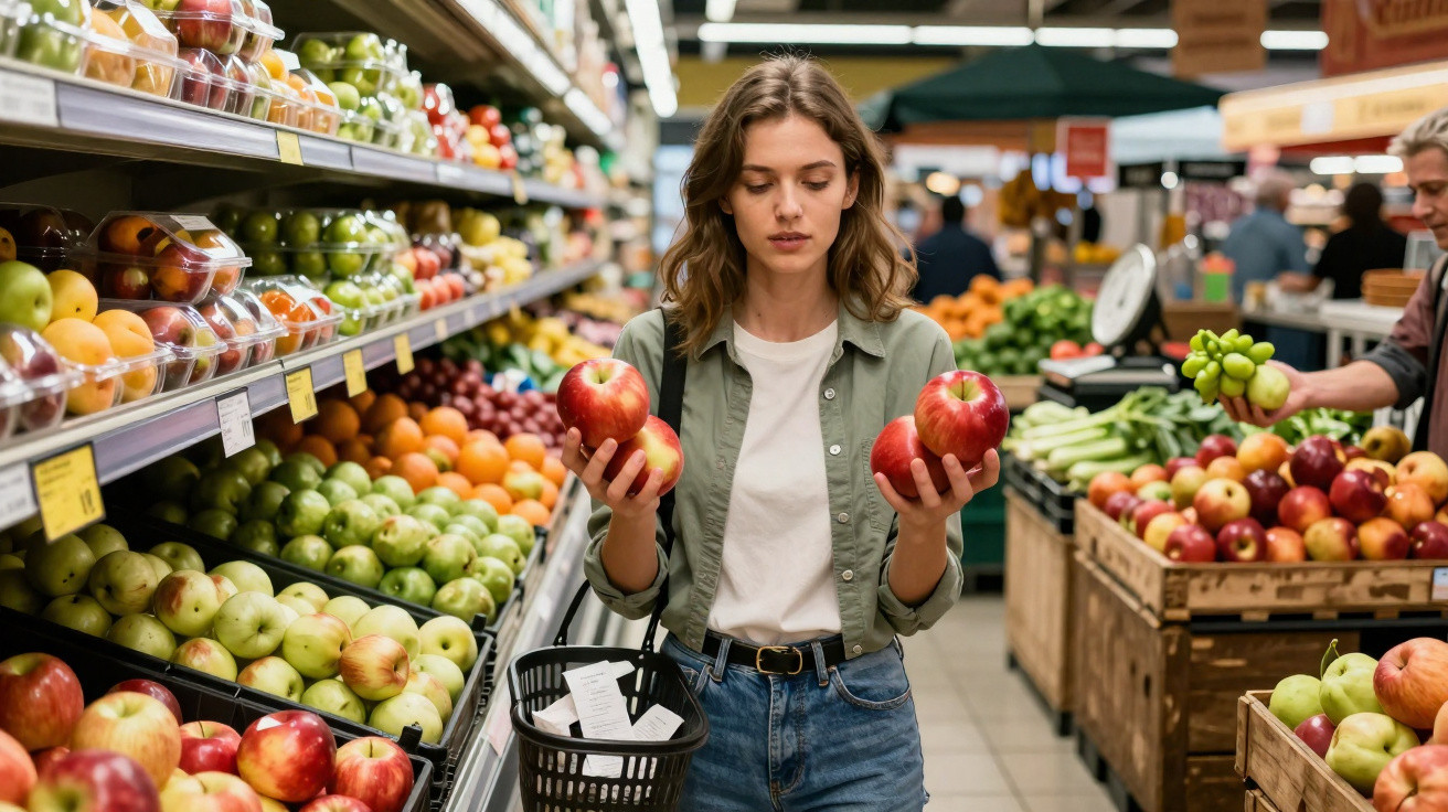 Mulher escolhe maçãs vermelhas na secção de frutas de um supermercado moderno e bem iluminado.