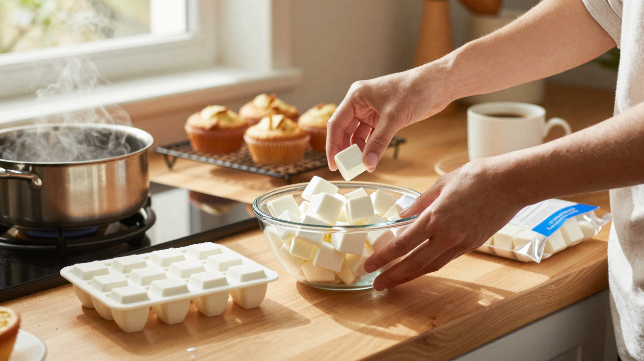 Mãos a colocar cubos de marshmallow numa taça de vidro numa cozinha com panelas e cupcakes ao fundo.