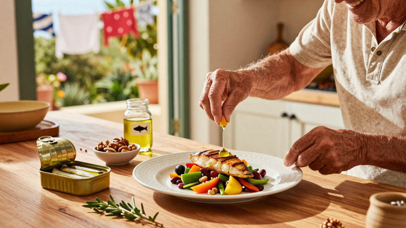Pessoa a temperar peixe grelhado com legumes coloridos num prato branco sobre mesa de madeira.