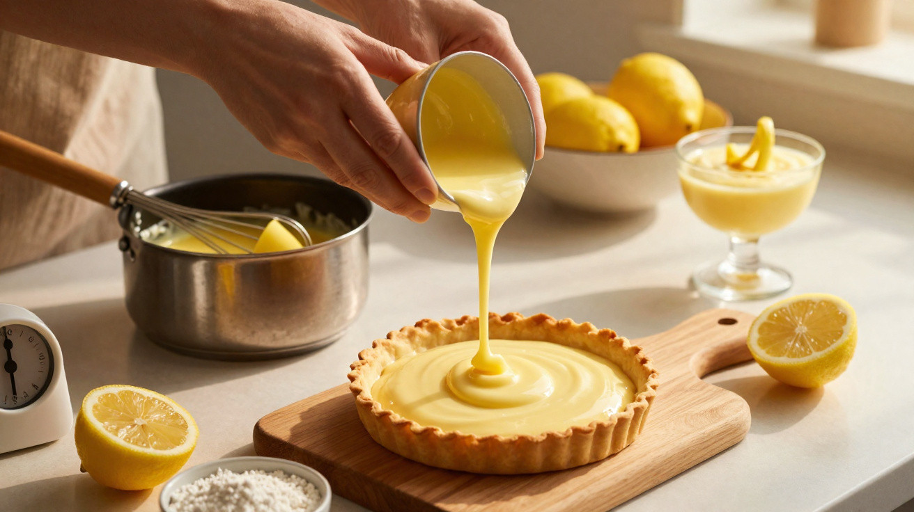 Mãos a despejar recheio amarelo numa tarteira com crosta dourada, limões e utensílios de cozinha ao fundo.