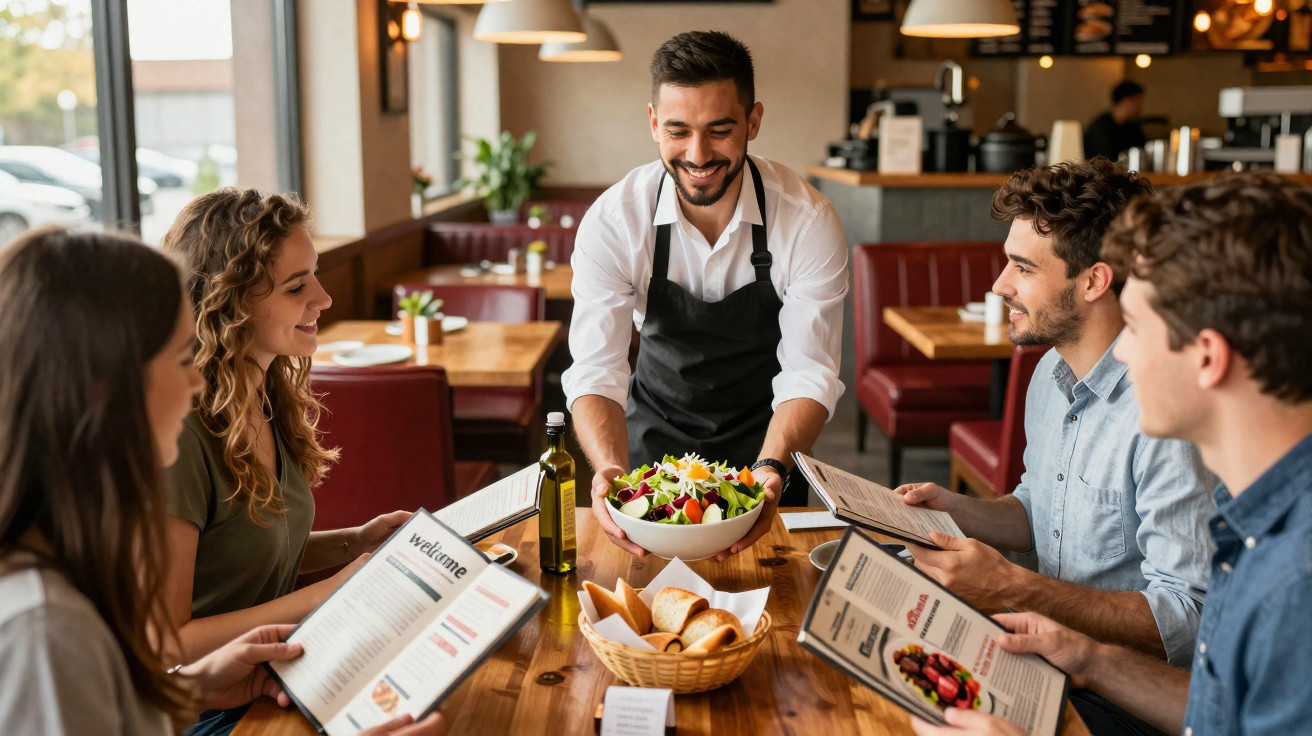Empregado a servir uma salada a quatro clientes sentados numa mesa de restaurante a consultar menus.