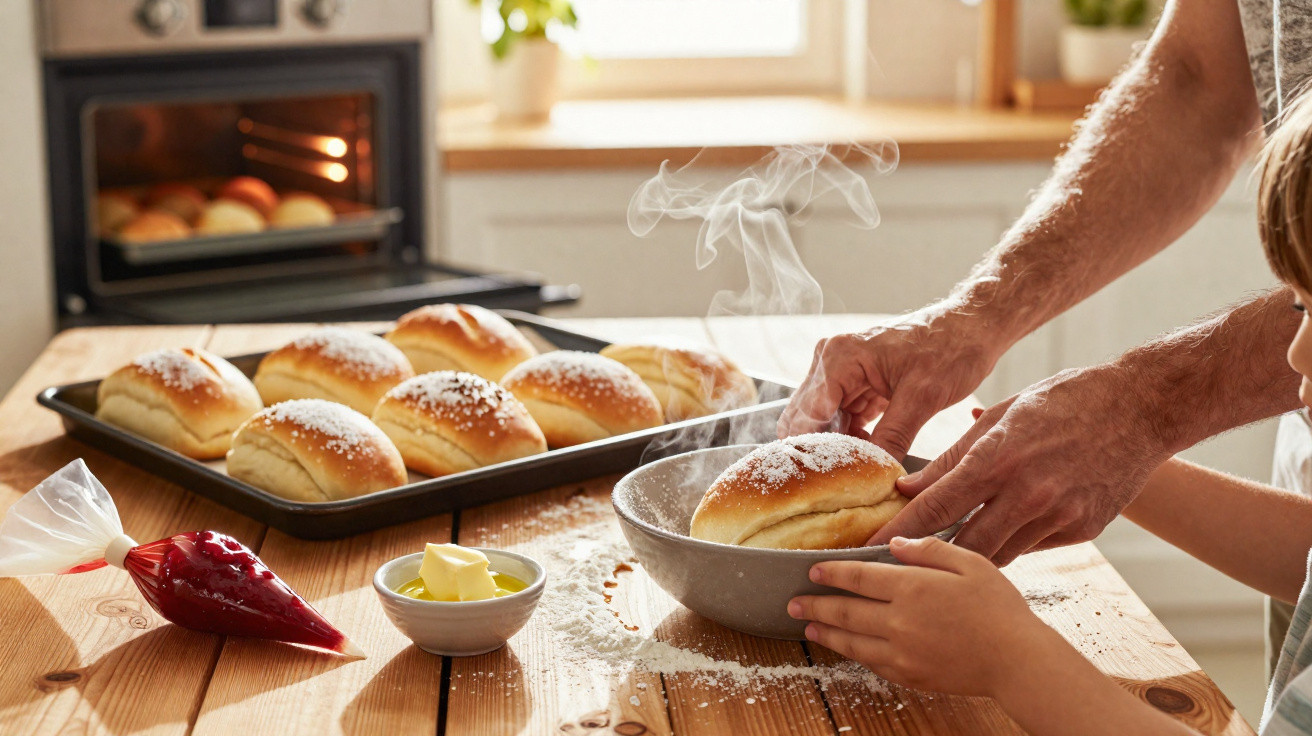 Pães quentes com açúcar a sair do forno, mãos de adulto e criança a agarrar um pão numa tigela.