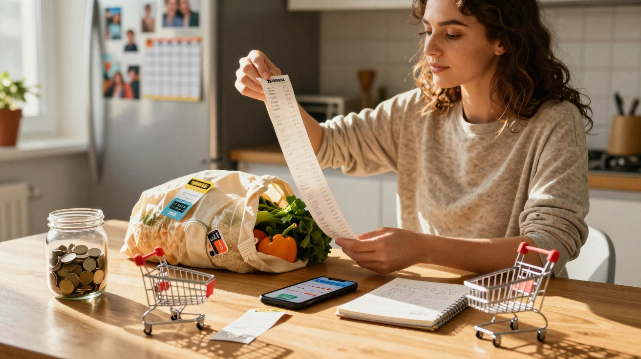 Mulher a analisar um talão de compras com legumes e mini carrinhos de supermercado na mesa.
