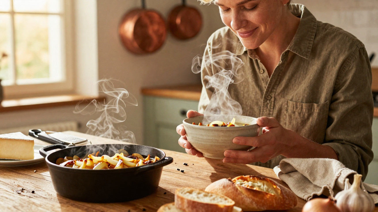 Mulher a saborear prato quente na cozinha com panela fumegante e pão sobre mesa de madeira.