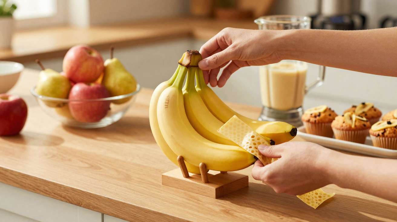 Mãos a descascar um cacho de bananas numa cozinha com frutas, smoothie e bolos ao fundo.