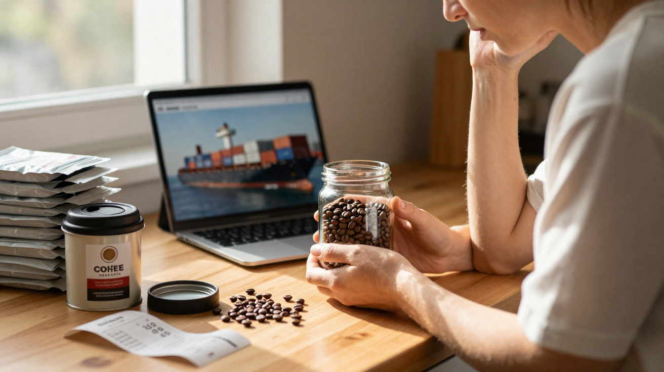 Pessoa segura frasco com grãos de café enquanto vê navio de contentores num computador portátil.