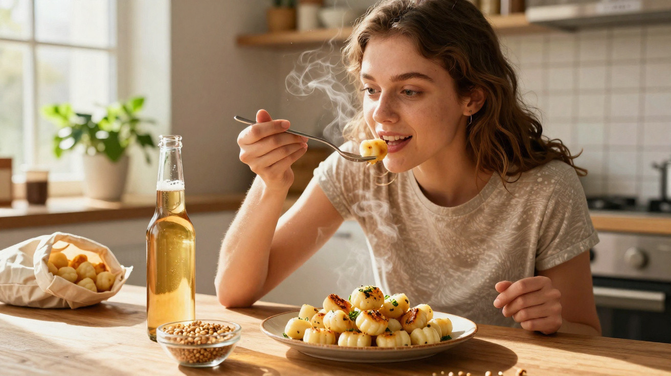 Mulher a desfrutar de refeição quente de nhoques numa cozinha iluminada e acolhedora.