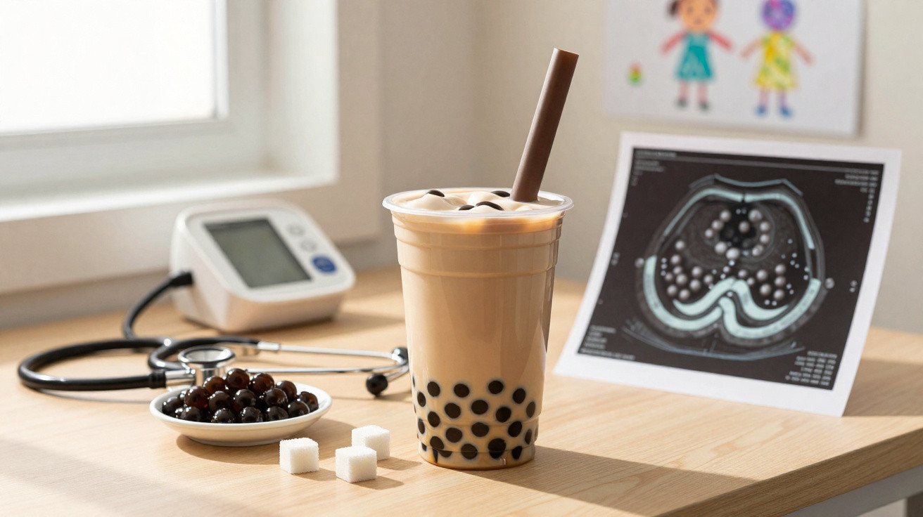 Copo de chá de bolhas com cubos de açúcar, contas de tapioca e equipamento médico numa mesa.