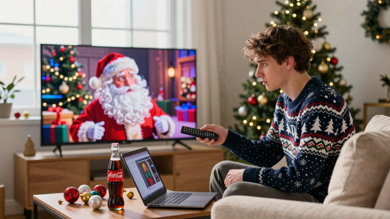 Jovem com camisola de Natal vê televisão com Pai Natal enquanto usa computador portátil numa sala decorada para o Natal.