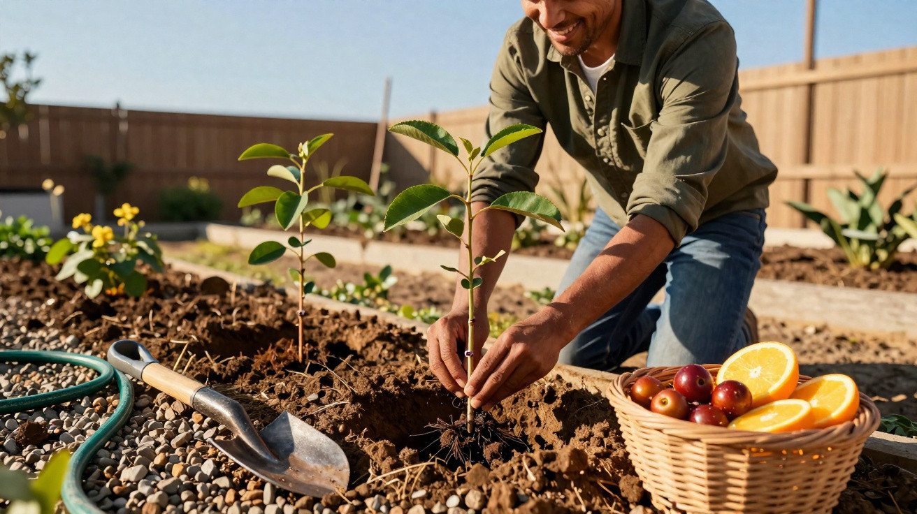 Homem a plantar uma árvore jovem num jardim com cesta de frutas e enxada ao lado, sob luz solar.