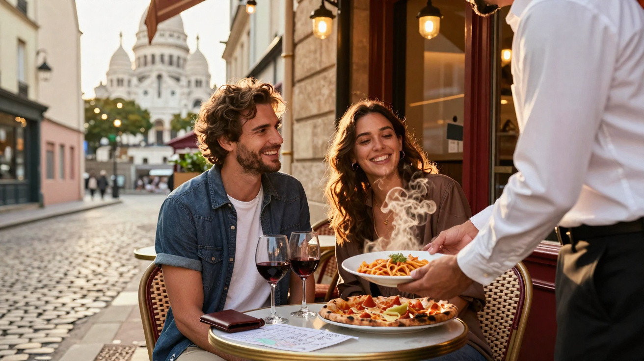 Casal sorri enquanto recebe pratos de massa e pizza numa esplanada acolhedora numa rua de paralelepípedos.