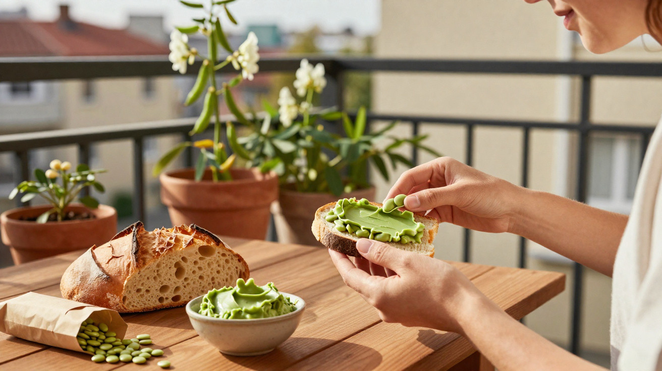 Pessoa a barrar pasta verde num pão, com pão e legumes numa mesa de madeira num terraço com plantas.