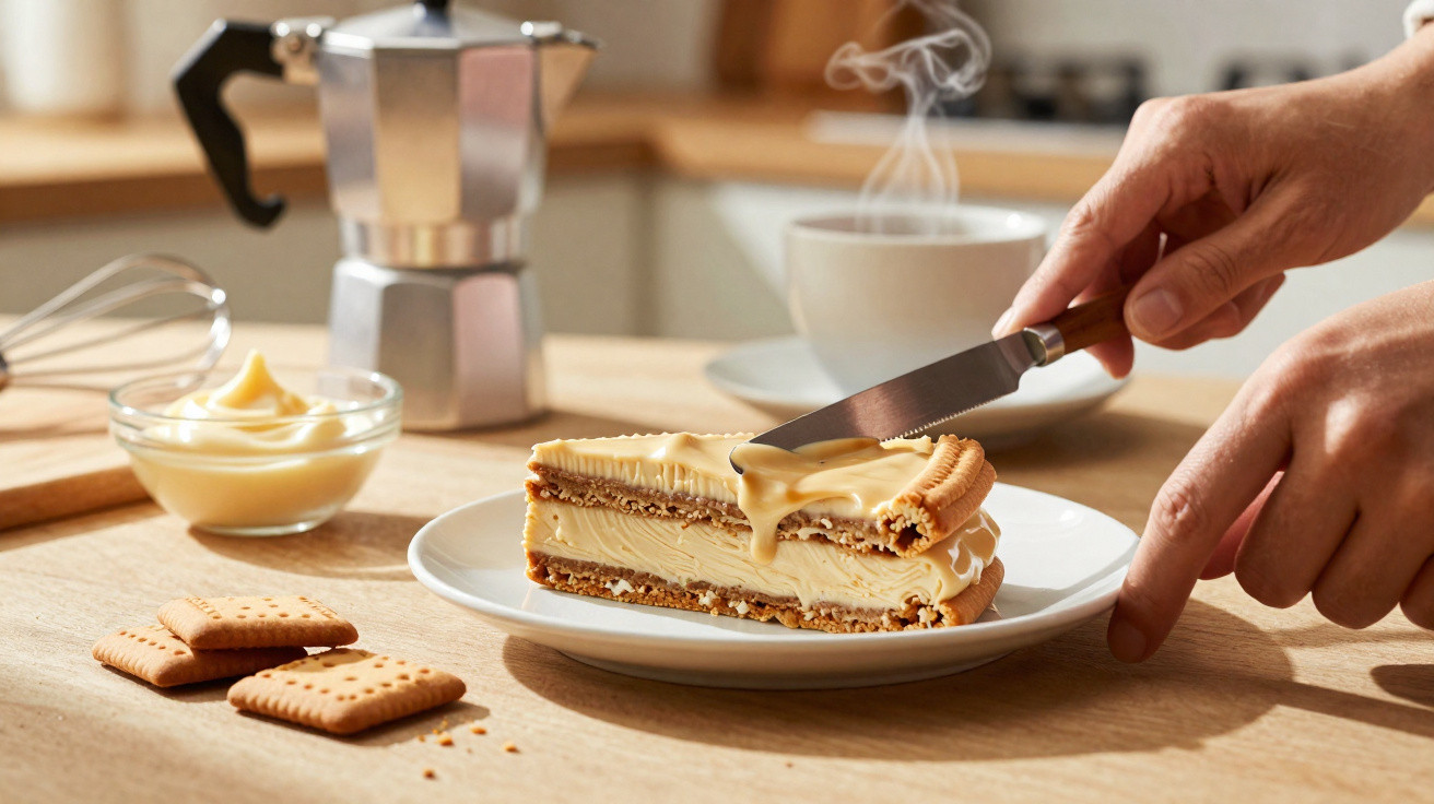 Fatia de sobremesa cremosa com bolachas, com colher a espalhar cobertura, chá quente e café num cenário de cozinha.