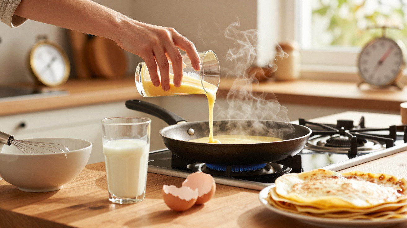 Pessoa a deitar mistura para omelete numa frigideira no fogão, com ovo partido e copo de leite ao lado.