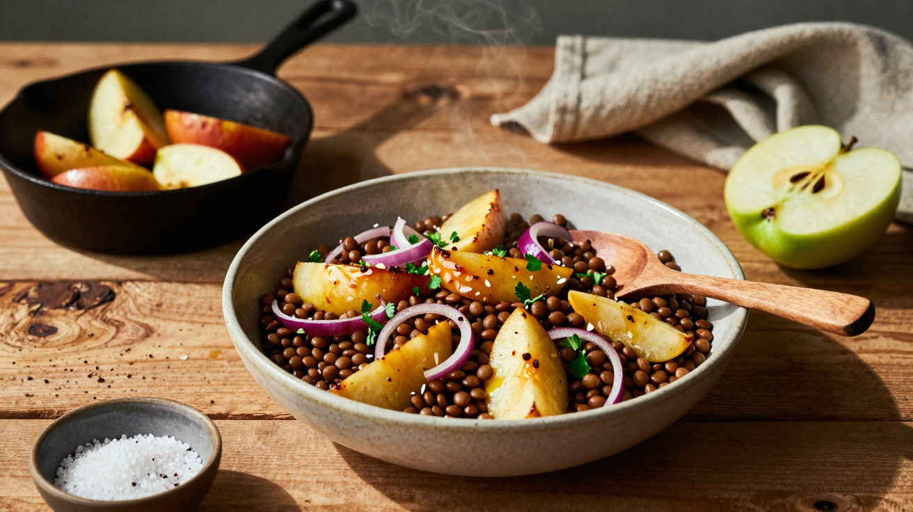 Prato de salada de lentilhas com pedaços de maçã assada, cebola roxa e ervas, mesa de madeira e maçã cortada ao lado.
