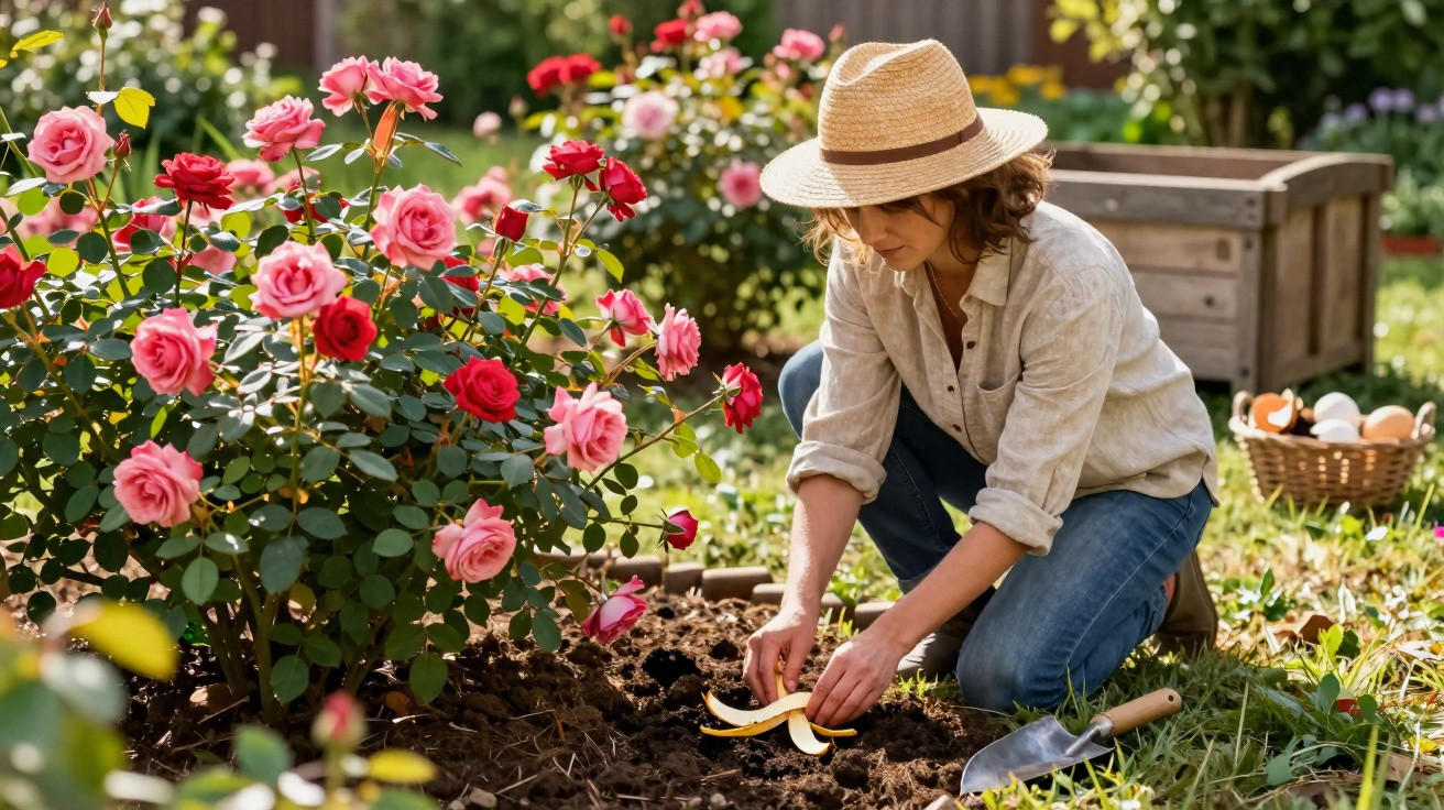 Mulher de chapéu a adubar flores num jardim com roseiras vermelhas e rosas.