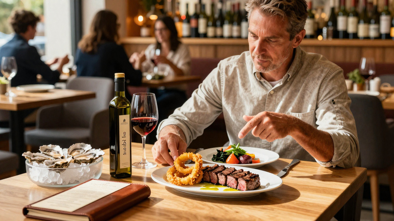 Homem a jantar num restaurante com vinho, bife, anéis de cebola e marisco na mesa.