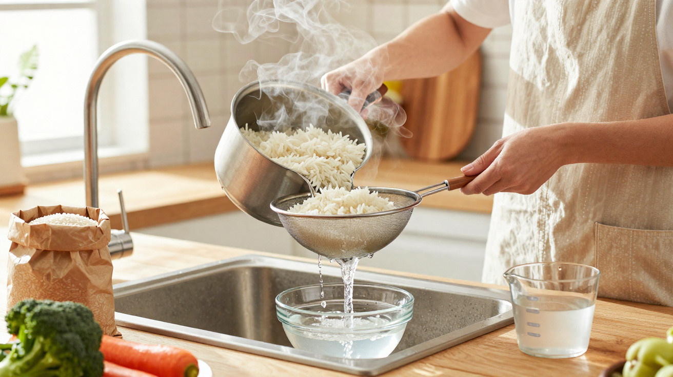 Pessoa a escorrer arroz quente num passador sobre a pia da cozinha, com legumes e utensílios à volta.